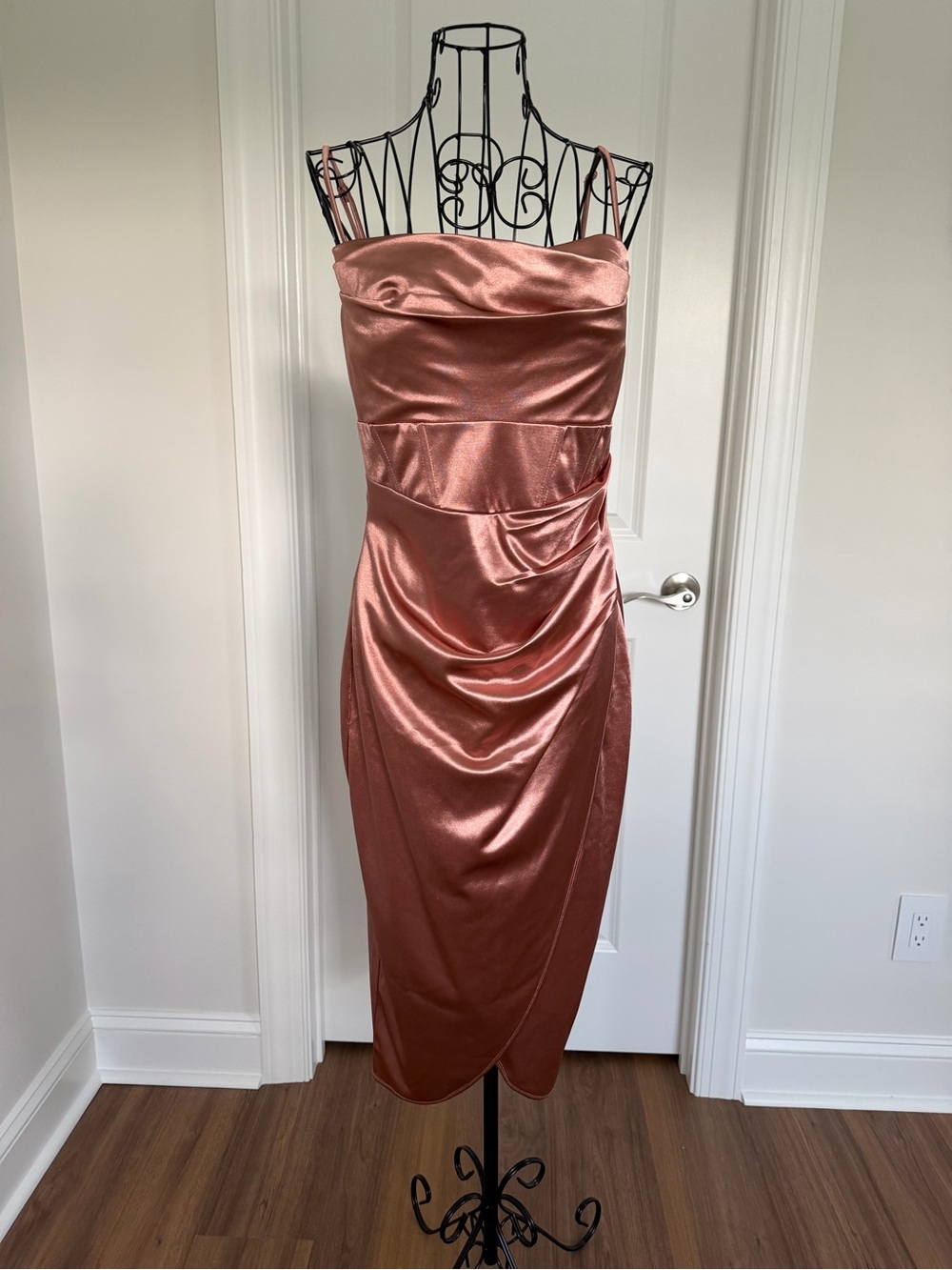 Windsor Rose Copper Satin Draped Midi Dress